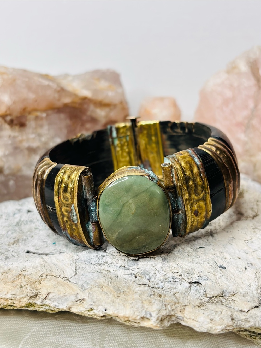 Vintage Boho Verdigris Aged Brass & Horn Hinged Bangle Green Nephrite Stone